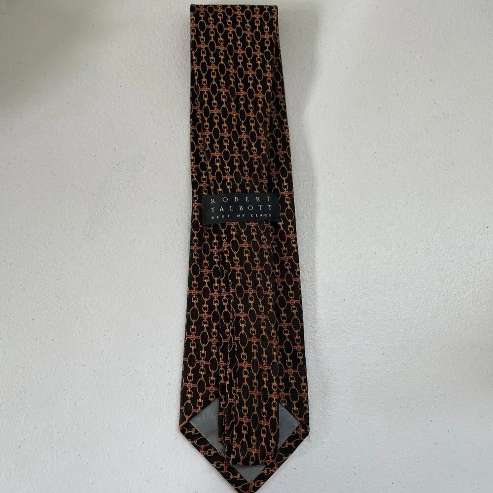 Robert Talbott Best Of Class Handsewn Silk Tie Gold Chain Print Black Made In US
